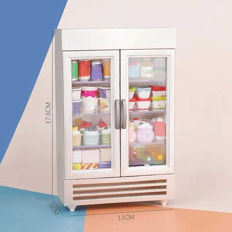 Supermarket Freezer Model Dollhouse Miniature Double Door Refrigerator Kids Pretend Play Toys Doll House Accessories C250922