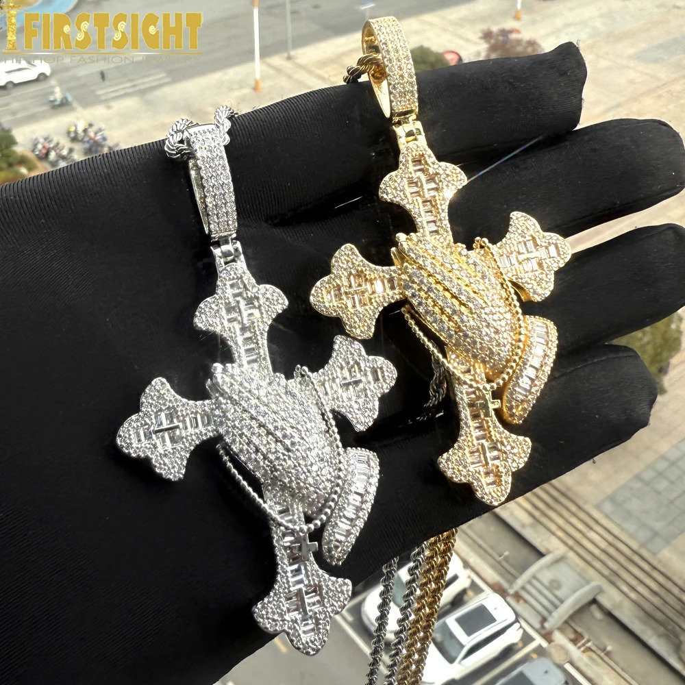 Iced Out Devout Hands Praying Cross Pendant Necklace for Men Prong Setting Cubic Zirconia Letter God Fidence Hip Hop Jewelry 250920