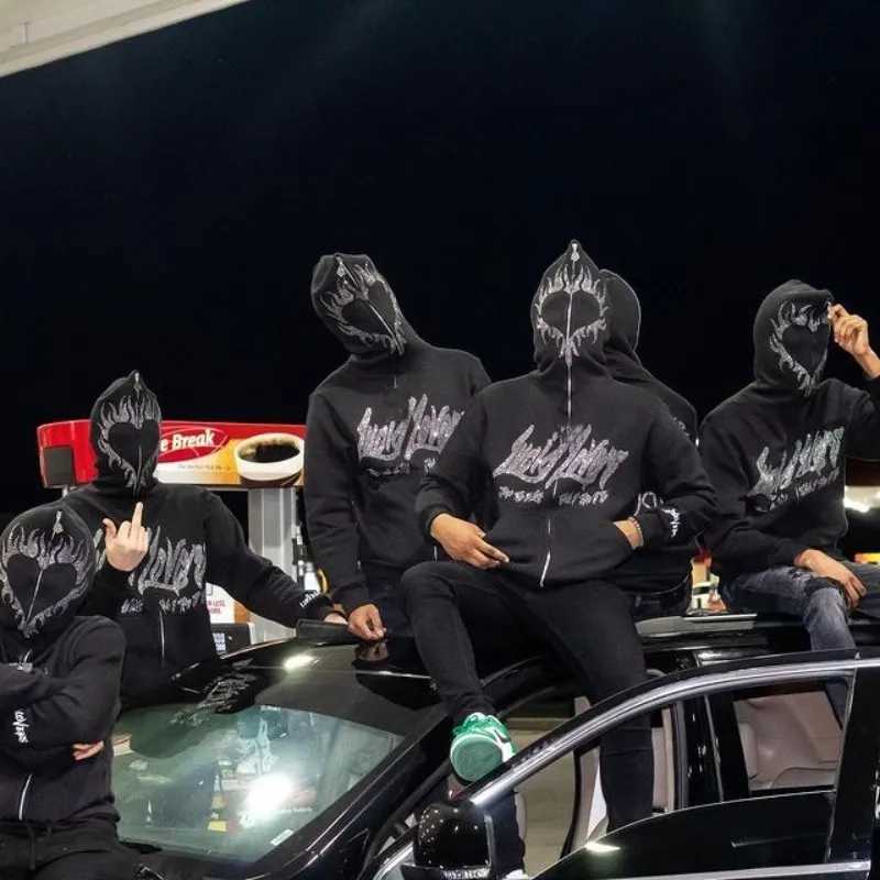 Y2K Jacket Men hoodies emo Zip Hoodie Rhinestone Pattern goth Sweatshirt Sport Coat Pullover Gothic Long Sleeve Oversized hoodie W250922