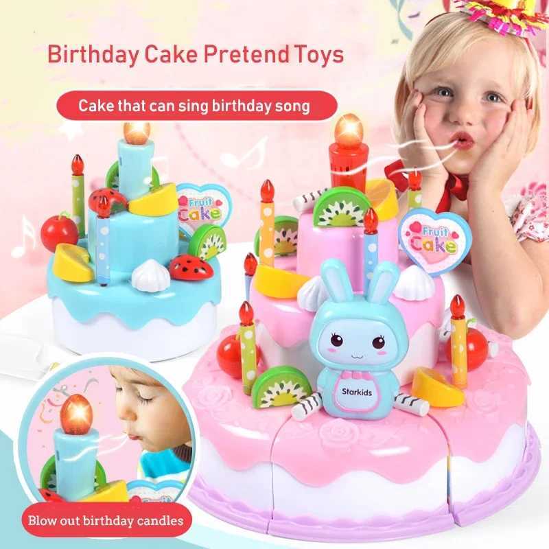 Kids Toy Simulation DIY Birthday Cake Model Kitchen Pretend Play Cutting Cake Toy with Light and Music Blowing Candles Girl Gift C250922