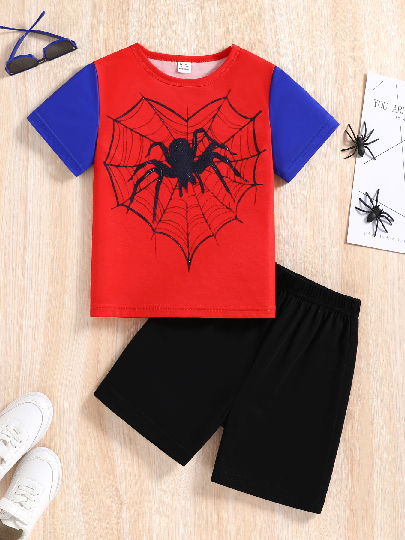 Toddler Boy 2pcs Set: Spider Web Print Color - Block Short - Sleeve Top and Black Shorts, Cool Casual Outfit-KJ2X3739A