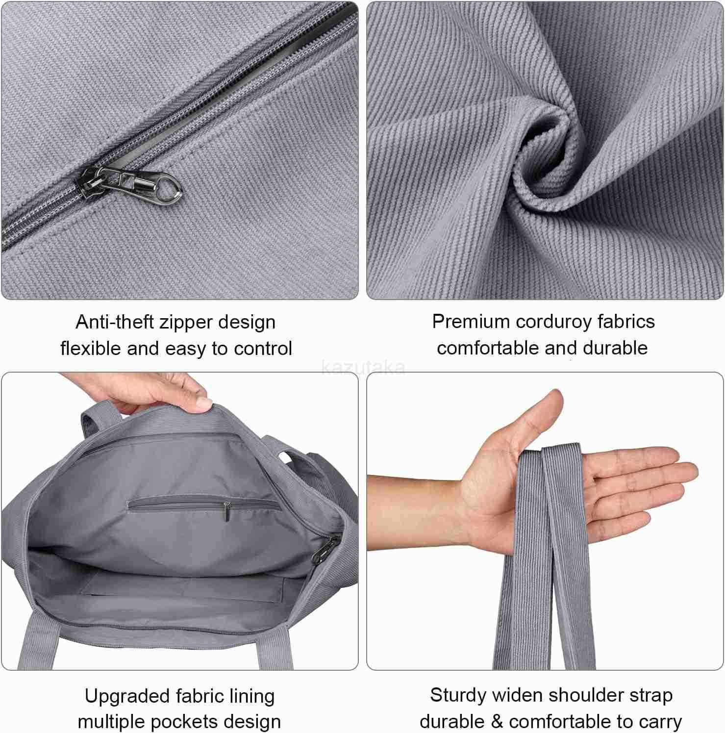 Kememo Corduroy Tote Bag for Women with Zipper Large Shoulder Bag Handbag for Work School Shopping Travel Gym Vacation Z250922