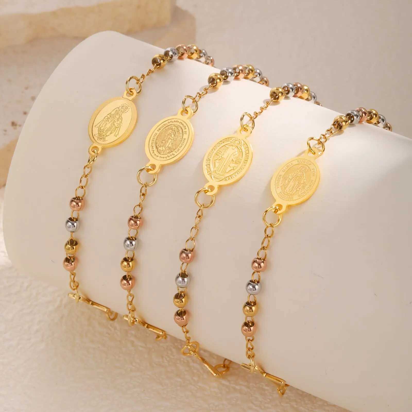 Vnox Stainless Steel Beaded Virgin Mary BraceletCharm Rosary Cross Chain Bracelet For WenReligion Christ Three Color Jewelry X250922