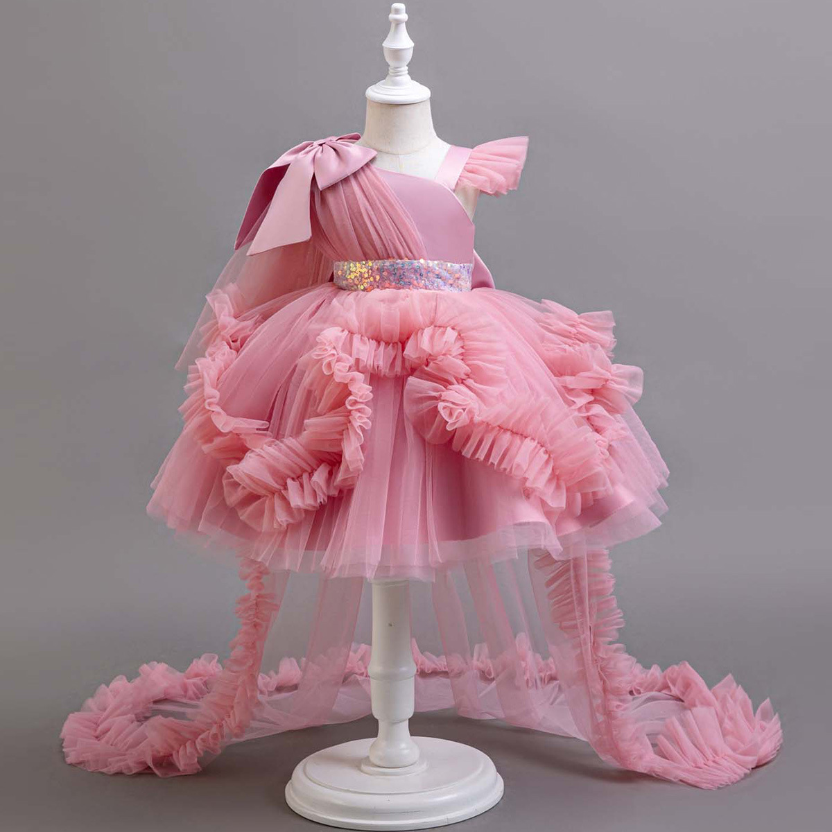 Puffy Girl Dress Pink Baby Dress with Train Flower Girl Dress Bow Cute Kids Child Birthday Dresses Frist Communion Z250716