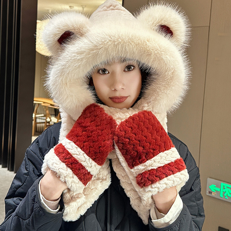 Cold-proof and warm teddy bear plush hat, scarf and gloves all-in-one women's winter thickened ear-protecting cycling cap