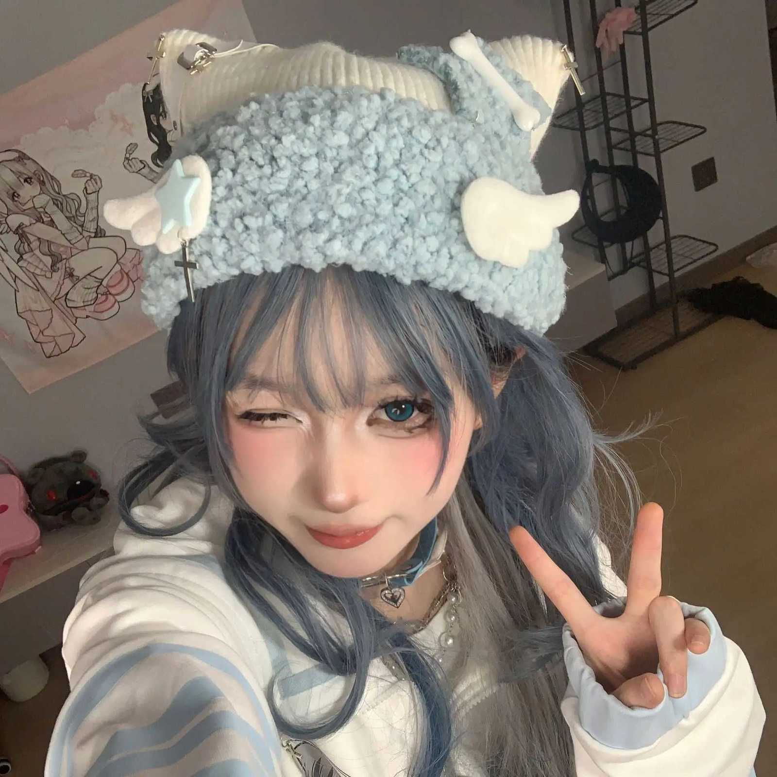 Wen Harajuku Gothic Lolita Angel Wings Beanie Hat Janese Y2K Girl Cross Star Bone Cat Ear C Autumn Winter Warm Knitted Hat Y250920
