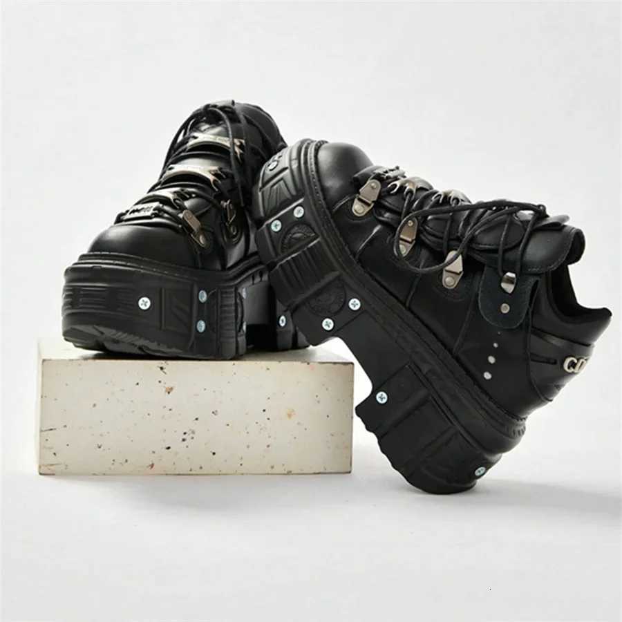 Punk Style Women Black Shoes Rock Metal Decor Laceup Heel Height Platform Shoes Gothic Man Sneakers Women Ankle Boots 2025 New W250922