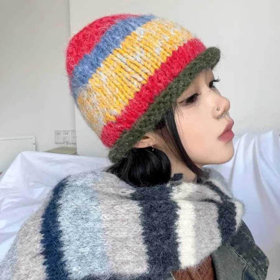 Korean Version Playf Rolled Edge Striped Knitted Hat For Wen In Autumn And Winter Warm Ear Protection Cold Hat Woolen Hat Y250920