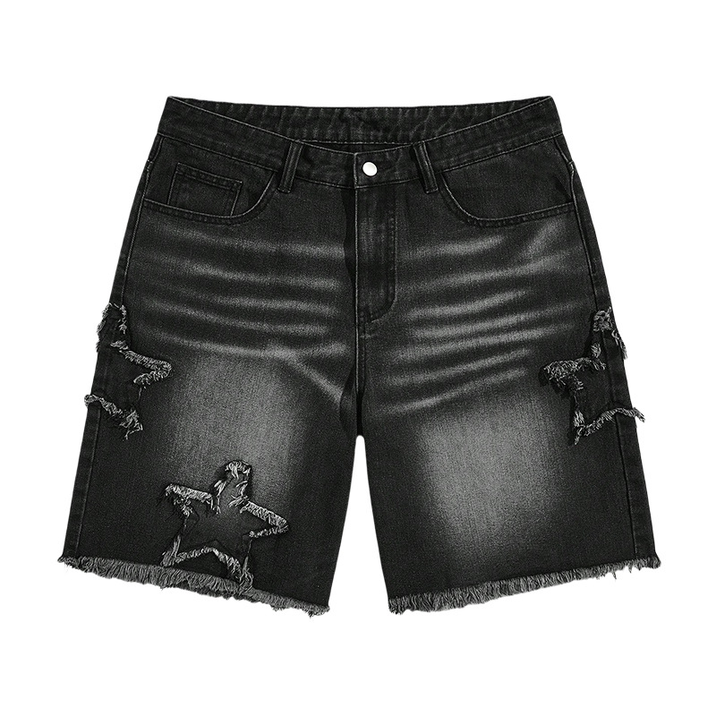 Men's Shorts Trend Harajuku Gothic Hip-hop Retro Burr Cross Embroidery Black Baggy High Waist Denim And Women's Jeans