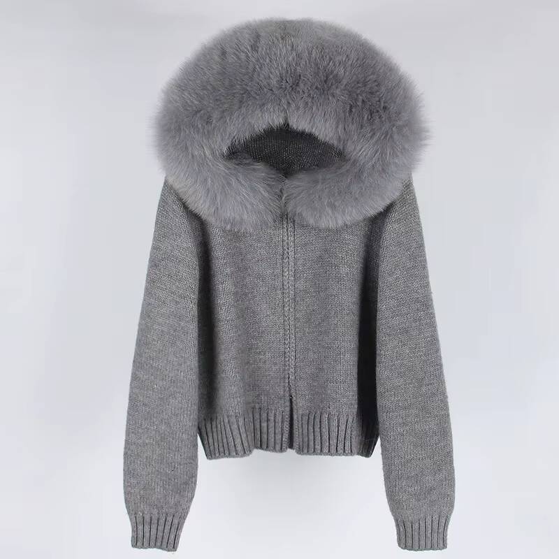 Wholesale Soft Winter Luxury Big Fur Trim Hood Womens Cardigan Sweater
