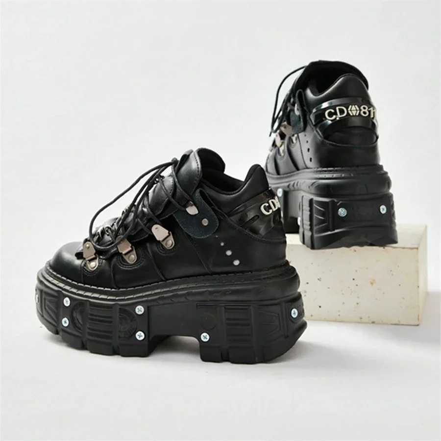 Punk Style Women Black Shoes Rock Metal Decor Laceup Heel Height Platform Shoes Gothic Man Sneakers Women Ankle Boots 2025 New W250922