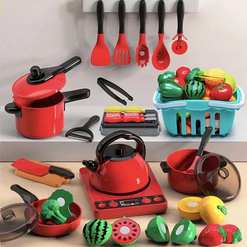 Kids Toys Pretend Play Red Kitchen Toys Simulation Food Cooking Girls Boys Educational Play House Interactive Toys for Children C2509221