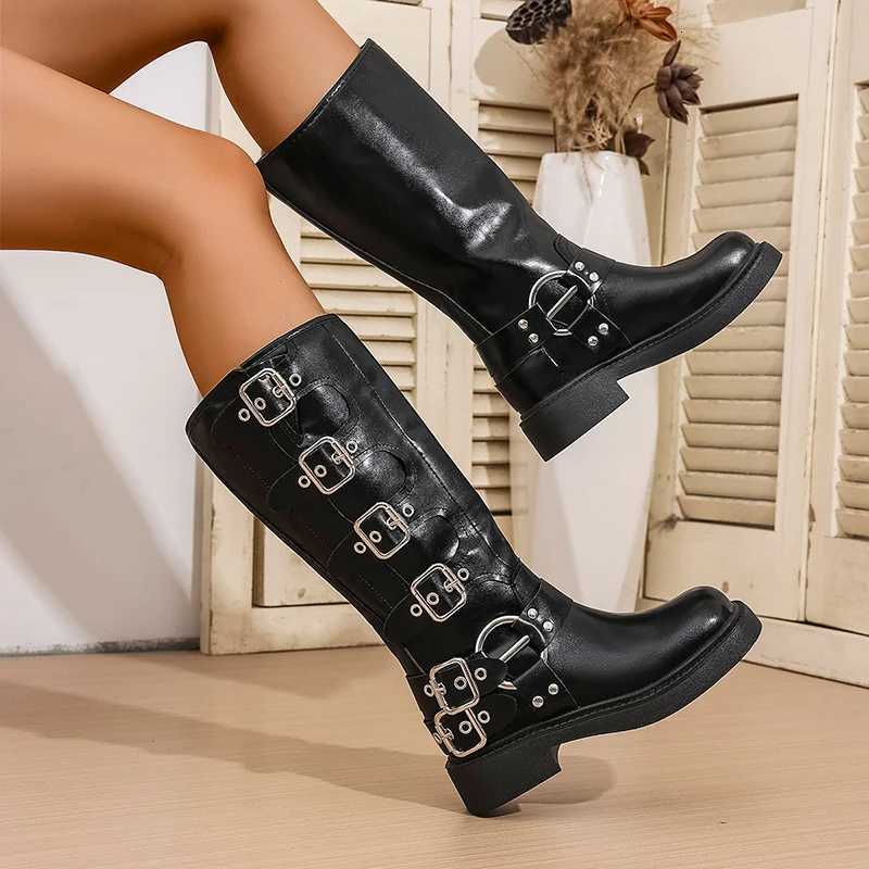 Vintage Wan Wern Cowgirl Boot Fion Belt Buckle Long Booties Autumn Winter Suqare Low Heel Girl Shoes Y250922