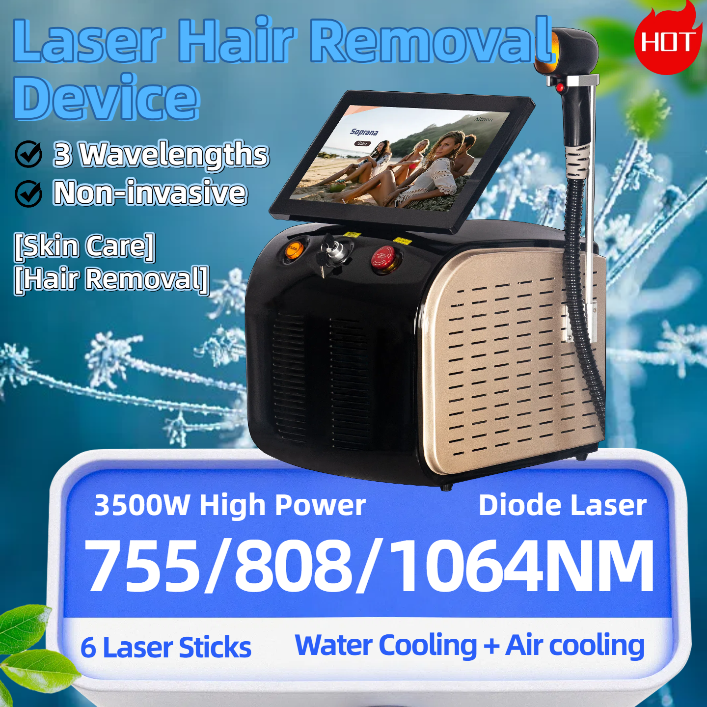 High Power Ice Cooling 755 808 1064 Device Diode Laser Epilator Wavelength Painless 808nm Hair Removal MachinePermanent 3-Wavelength Laser Hair Remova