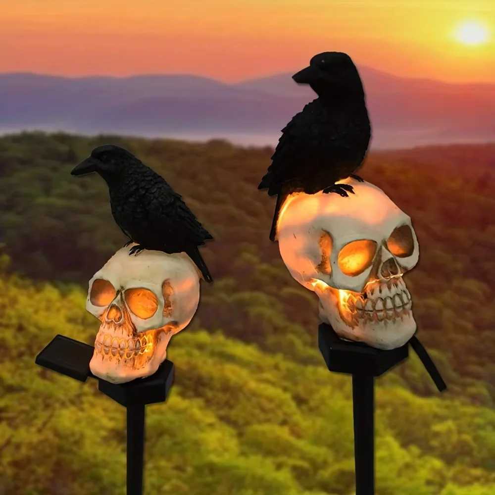 New Solar Resin Halloween Crow Skull Light Outdoor Waterproof LED Light Balcony Holiday Lawn Lamp Garden Decor Decorative C250922