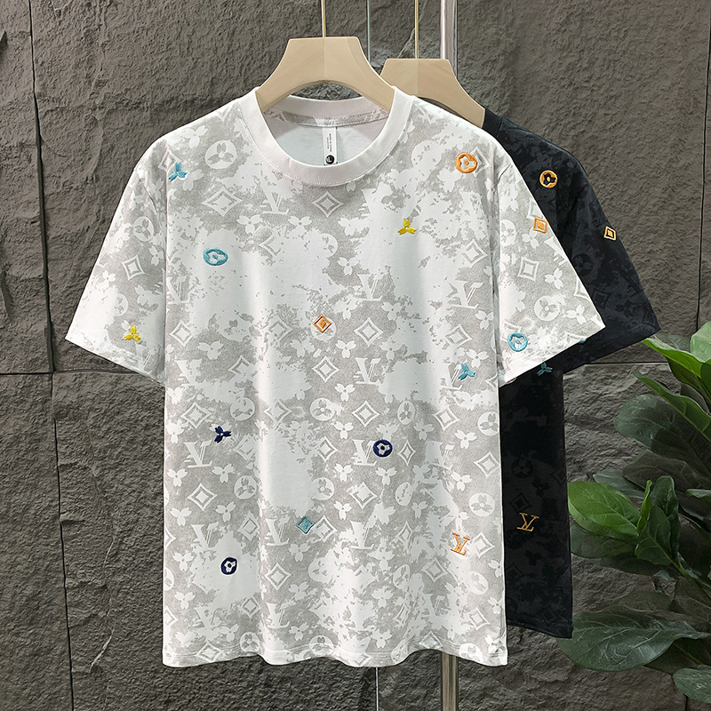Men's T-shirt High-end Luxurious Design Breathable Black And White Retro Floral Print Summer Short-Sleeved Business Casual Top