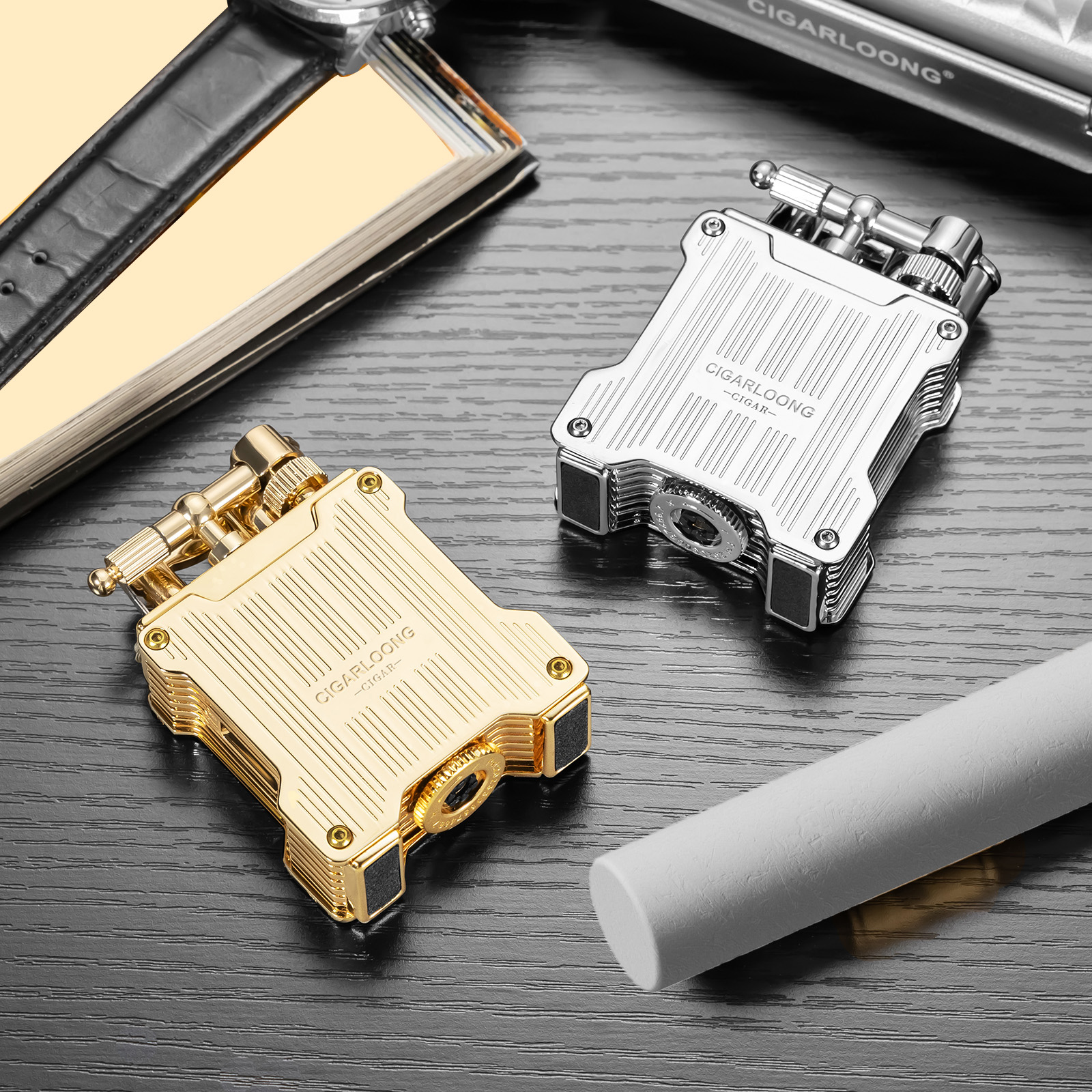 CIGARLOONG Cigar Straight Dual Flame Visible Fuel Perspective Window Adjustable Firepower Torch Lighter with Gift BoxWithout Gas W260202