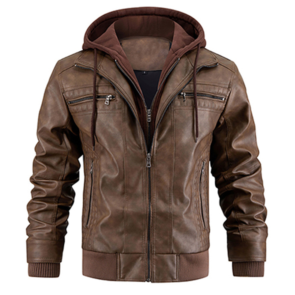 Men's Leather Jackets Autumn and Winter Hooded Motorcycle Jackets Windproof Coldproof and Warm Men Coat Jacket