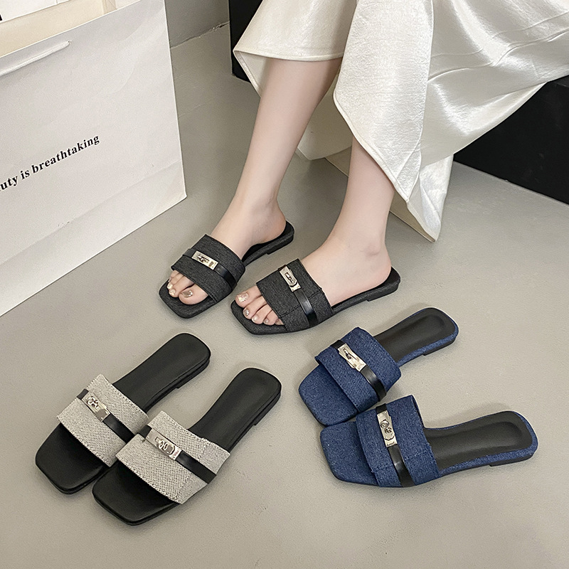 Ddmysports French Style Niche Internet Celebrity Small Lock Buckle One Strap Sandals For Women Spring New Fashion Versatile Solid Color Square Toe Sli