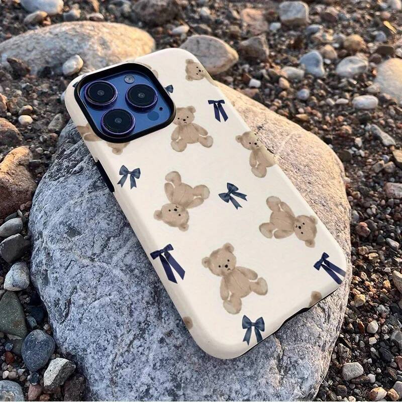 Phone Case for iPhone 16 15 14 13 12 11 X XS XR XSMAX 7 8 Pro Max Plus Adorable Bear Bow Tie Des Double-layer Back Cover