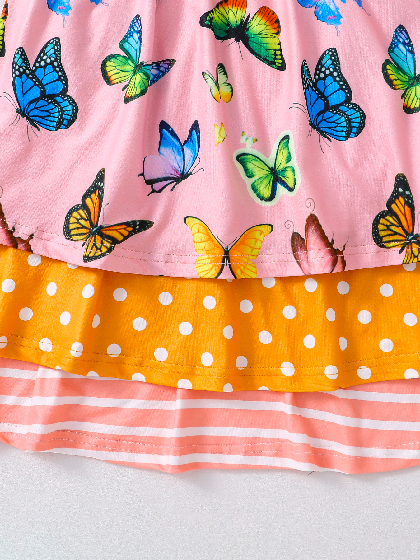 3Pcs Toddler Girl Dresses Set: Striped, Polka Dot & Butterfly Print Short - Sleeve Dresses, Cute Summer Outfits-KJ1X3964A
