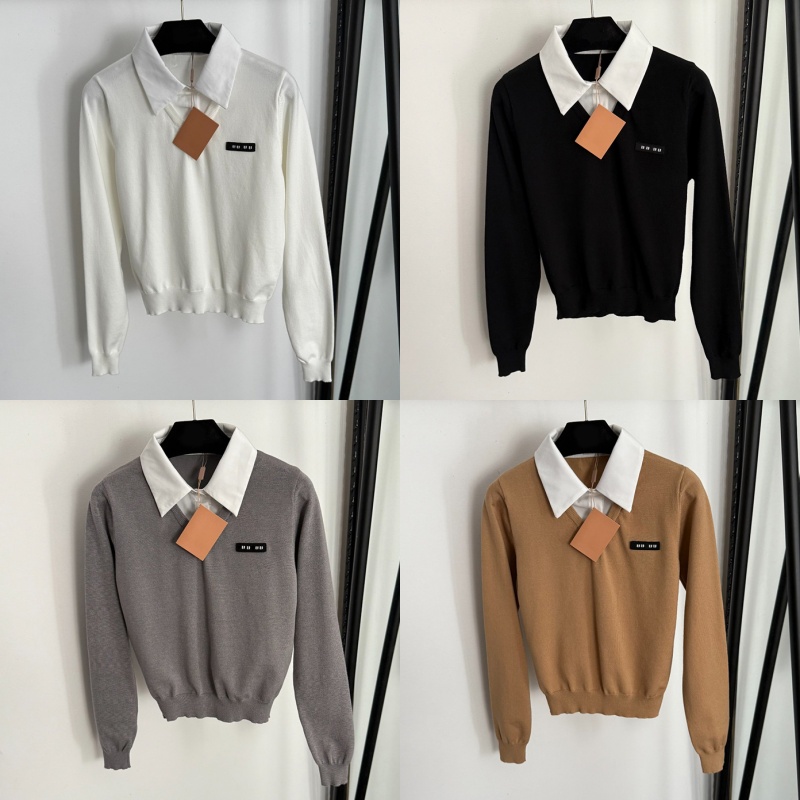 Designer Cropped Knit Polos Top Women Long Sleeve Lapel Knits Jumpers Street Style Fake Two Piece Knitted T Shirts