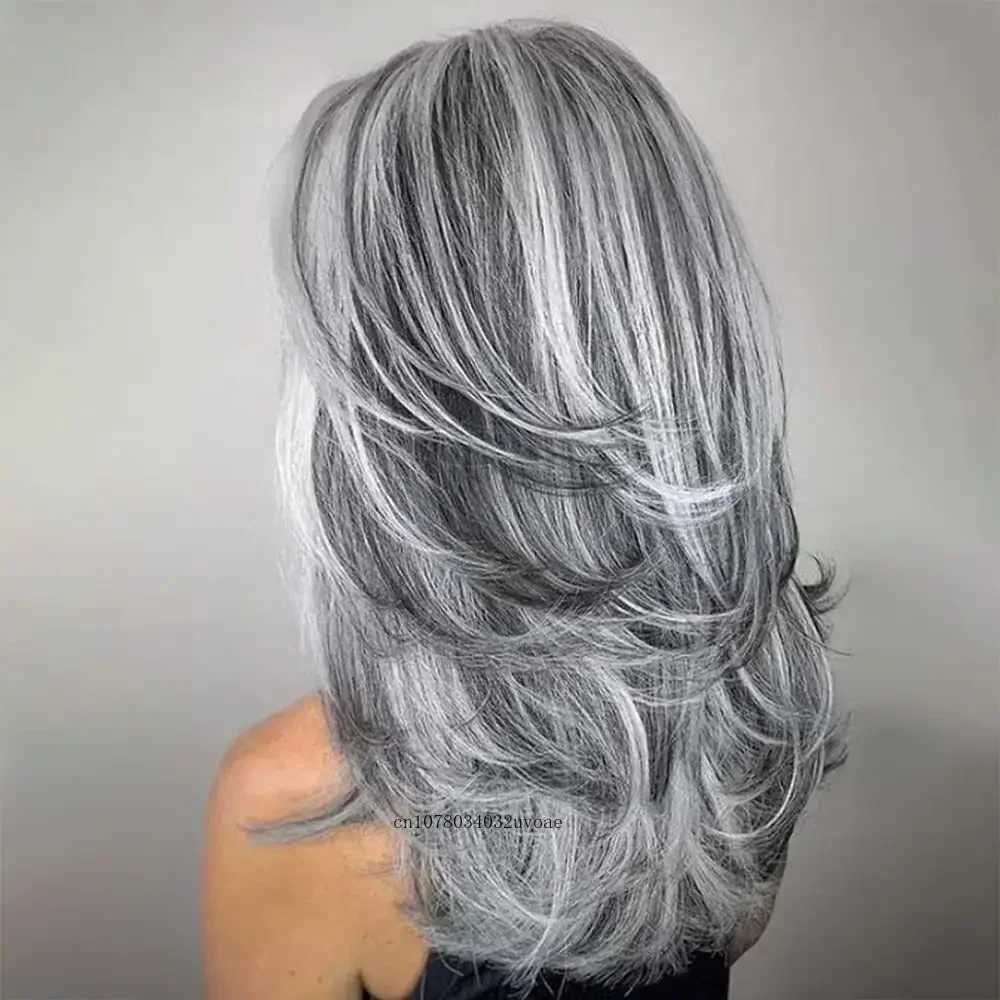 Synthetic Salt and Pepper Wigs with Curtain Bangs Long Hair Wig Natural Mix Silver Gray Wigs for White Women Halloween Costume C250922