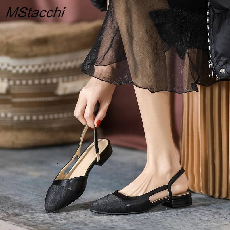 Patchwork Leather Slingbacks Women's Fashion Flat Heel Formal Ladies Sexy Sandals Dress Wedding Party Shoes ddmypanda