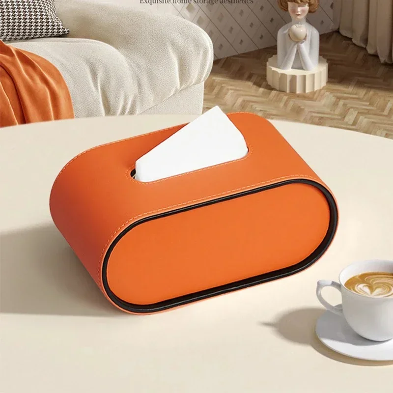 Luxury Tissue Box Orange Designer Paper Box High-end Living Room Creative Oval Leather Bedroom Desktop Napkin Storage Box Organization