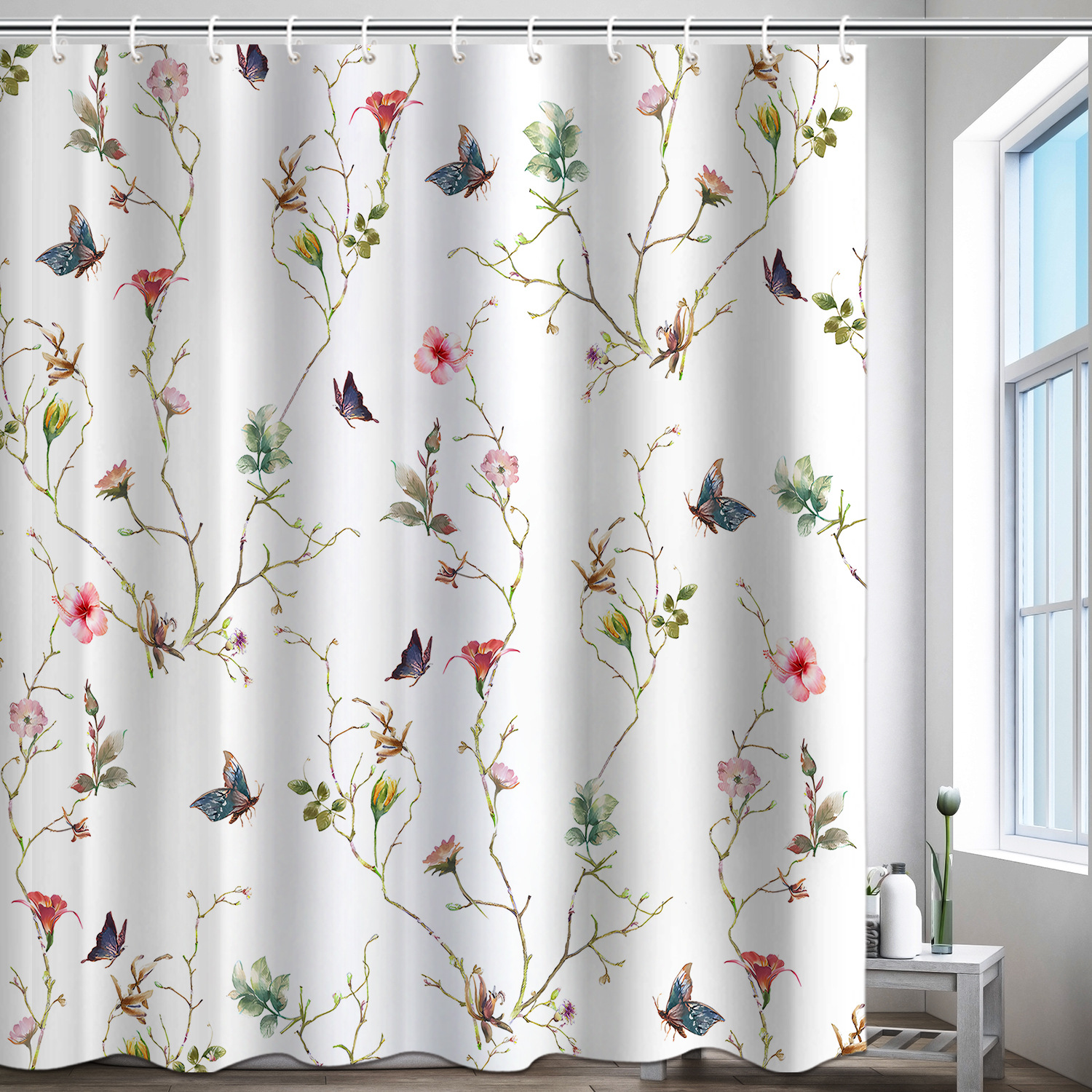 YL-37244 Waterproof Shower Curtain Hot Sale 3D Printed Tropical Jungle Plant Leaves and Flowers Season Polyester Shower Curtain with Hook