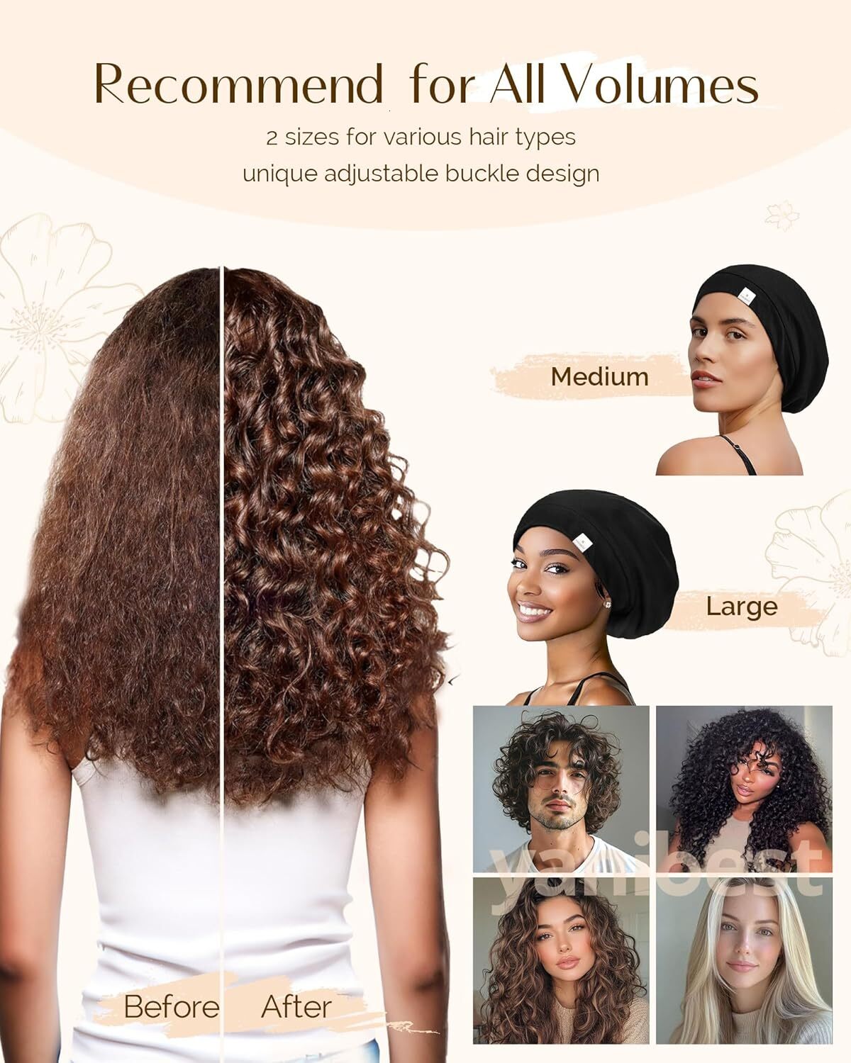 YANIBEST Satin Bonnet Wrap Sleeping - Adjustable Stay on Silk Lined Slouchy Beanie Hat for Curly Hair and Braids