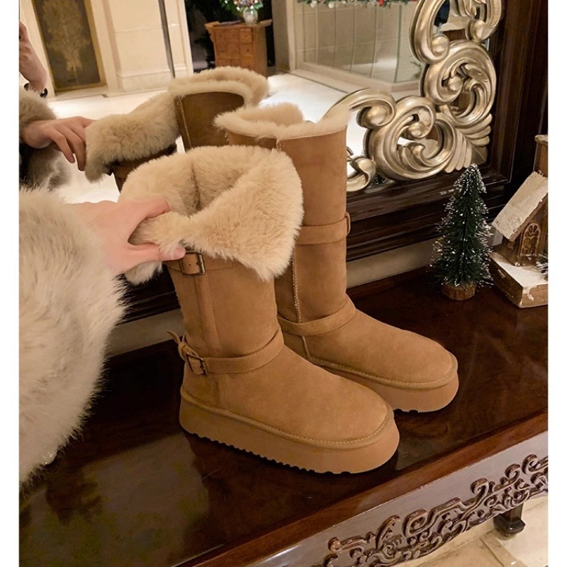 Luxury Boots New Women's Tall Platform Snow Boots Genuine Leather Shearling Lined With Buckle Thermal Non-Slip Winter Boots