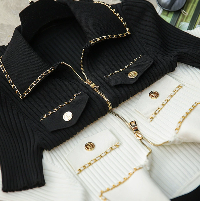Summer Fashion Slim Knitted Tshirt Sweater Women Stylish Chain Buttons Zip-up Tees Tops Vintage Elegant Chic Ladies Knitwear 250723
