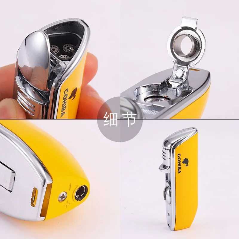 Original Cigar Lighter Metal Outdoor Windproof 3 Jet Blue Flame Turbo Torch Lighter with Cigar Drill Mens Gift F250922