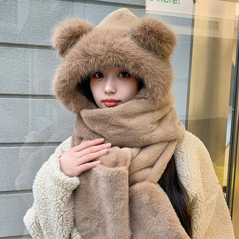 New plush hat for women in autumn and winter, three-piece set for women, Korean-style warm hat, scarf and gloves all in one