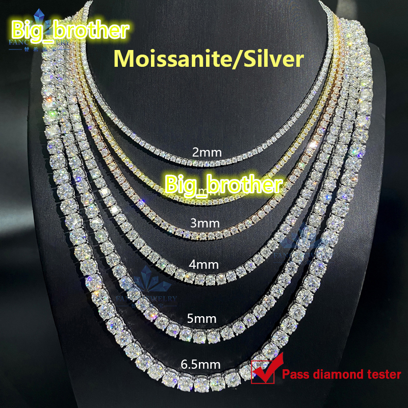 2MM 3MM 4MM 5MM S925 Silver Moissanite Chain Women Men Necklace Moissanite Tennis Chain