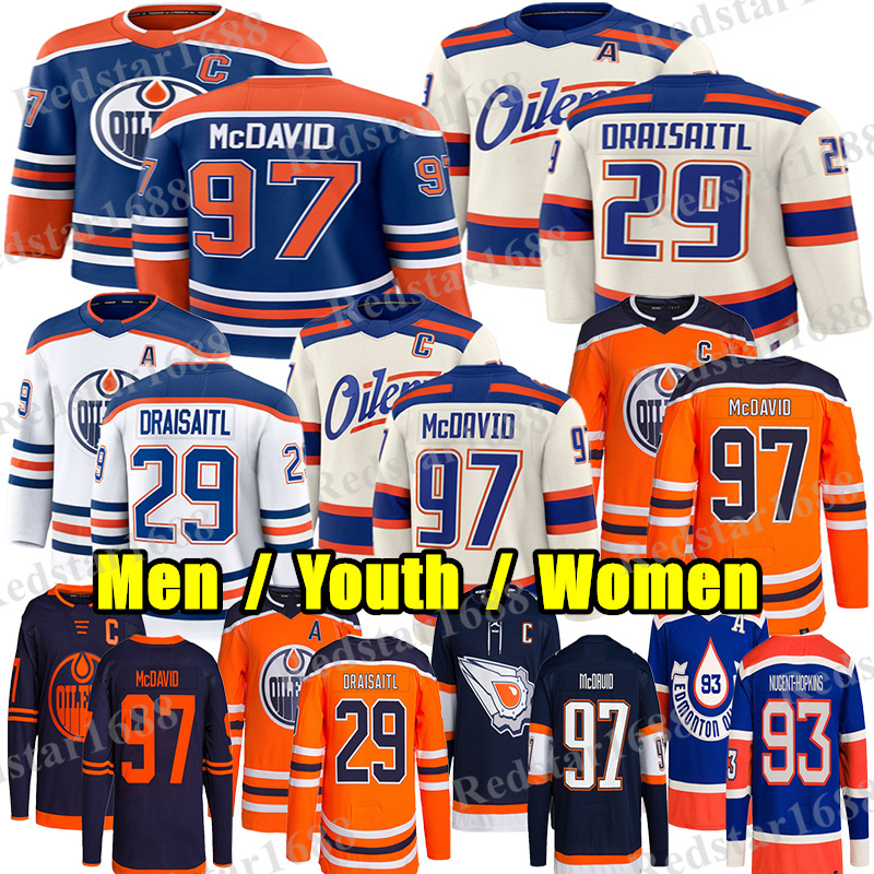 #97 Connors McDavids Edmonton Hockey Oilers Jersey #29 Leon Draisaitl Ryan Nugent-Hopkins Evan Bouchard Ekholm Zach Hyman Stuart Skinner Wayne Gretzky