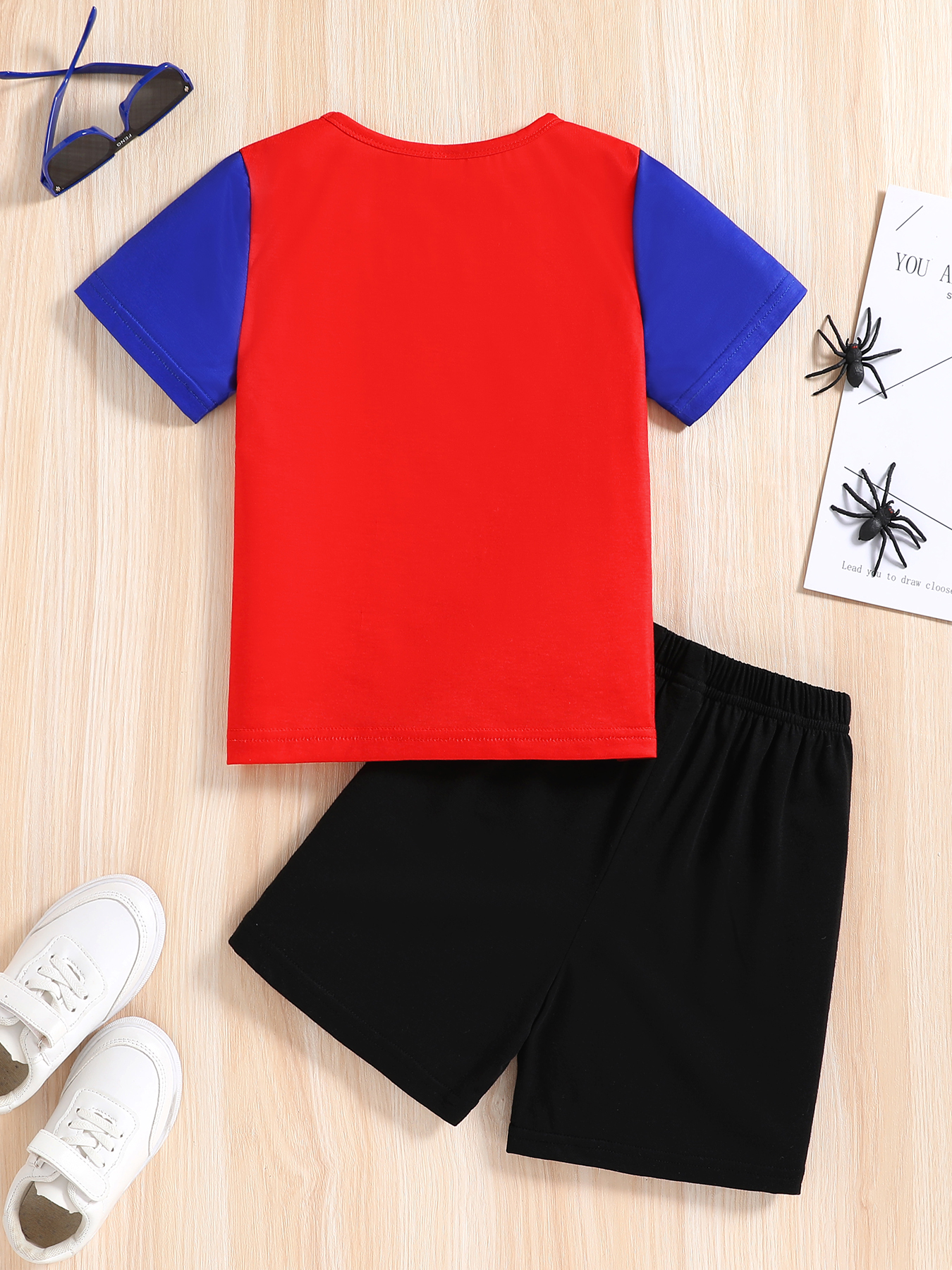 Toddler Boy 2pcs Set: Spider Web Print Color - Block Short - Sleeve Top and Black Shorts, Cool Casual Outfit-KJ2X3739A