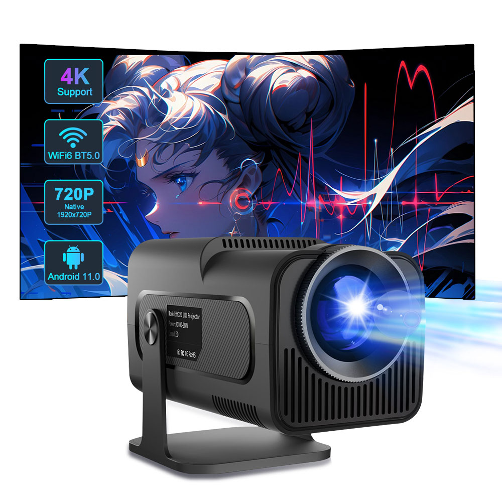 2025 Portable Projector 200 ANSI 1280*720P BT 5.0 Android 11.0 With 2.4/5G WiFi6 8GB Round Design Movie Projector 30"- 150" Screen, 180° Fli