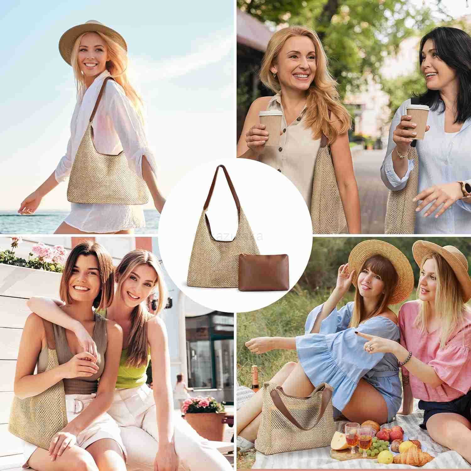Straw Beach Bags for Women Beach Bags for Women Mesh Tote Bag Leather Hobo Purse with Pouch for Vacation Travel Essentials Z250922