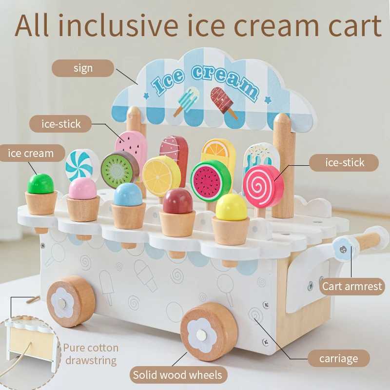 Kids Wooden Ice Cart Toy Set Girls Kitchen Accessories Pretend Play C250922
