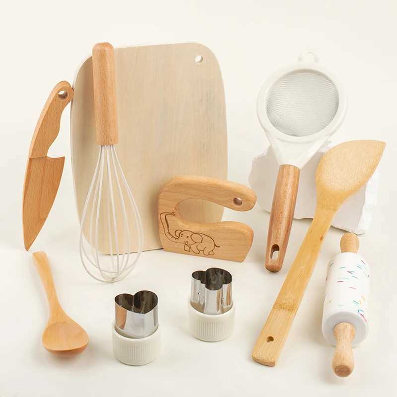 Montessori Kitchen Tools Real Cooking Set Wooden Educational Kid Toys Safe Knives Baking Set Kitchen Accessories For Boys Girls C250922