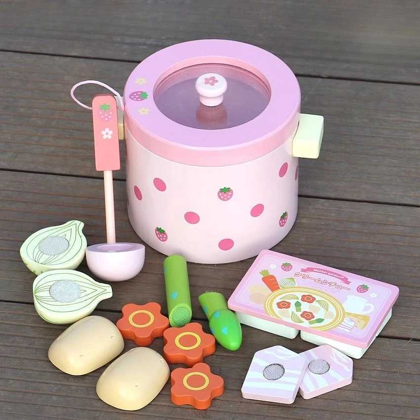 Simulation Vegetable Hot Pot Wooden kitchen cook Prentend Play Food Tofu Knife Pan Set Play house toy Birthday Funny Gift C250922