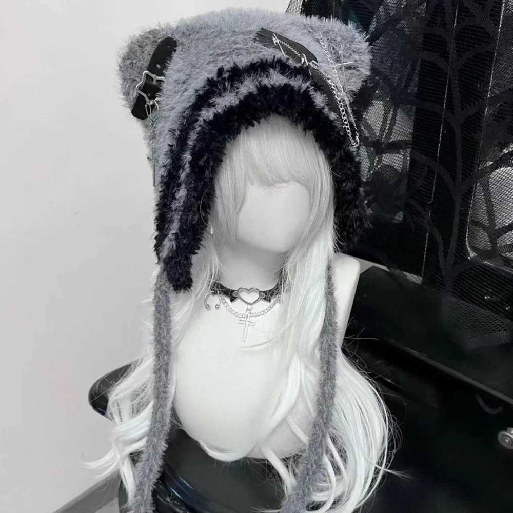 Wens Gothic Harajuku Punk Lolita Y2K Spicy Girls Subcture Bear Hat Cute Little Bone Cross Star Wings Wool Hats Y250922
