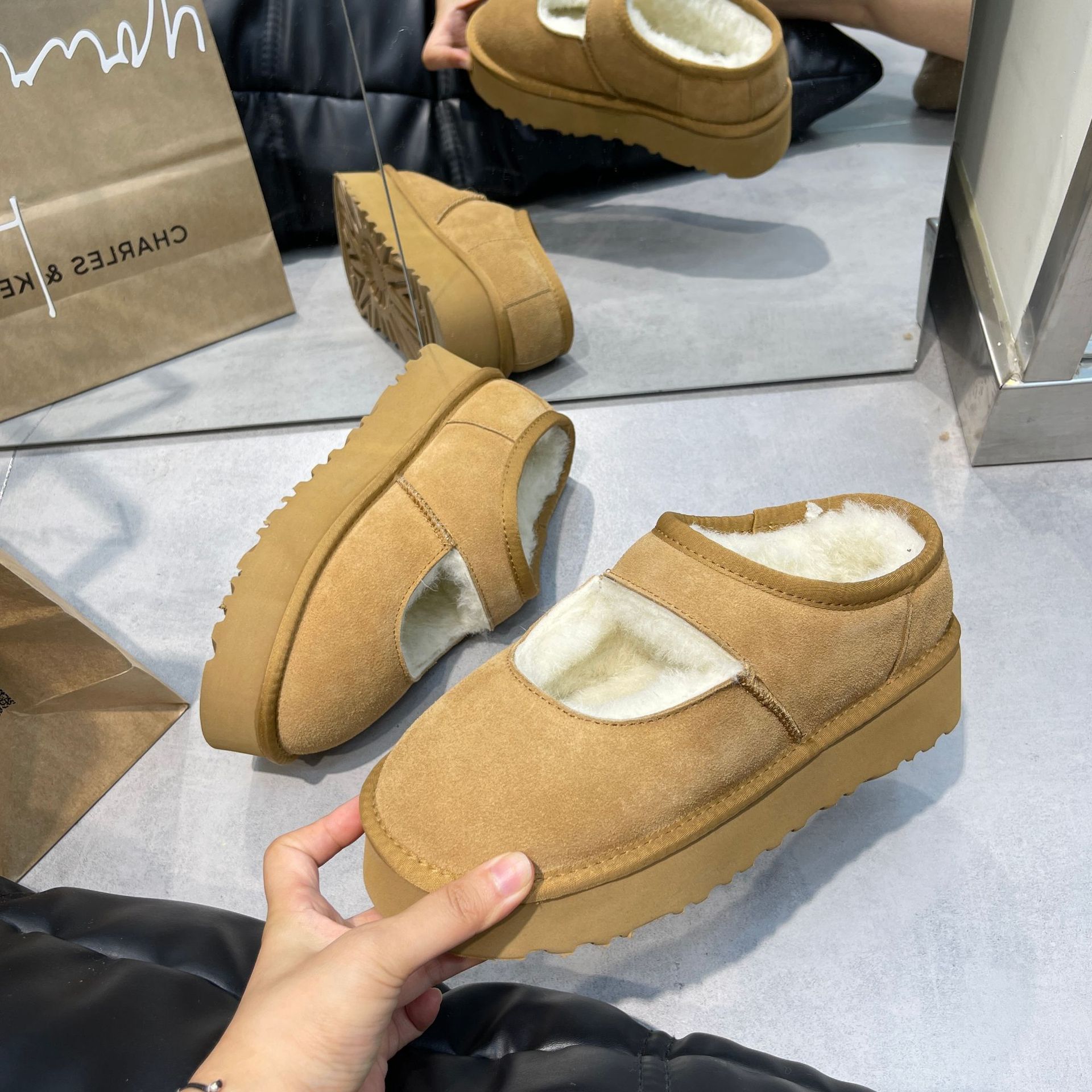 Free shipping vintage autumn-winter cowhide wool Mary Jane Snow Boots with thick inner elevation casual non-slip warm fleece