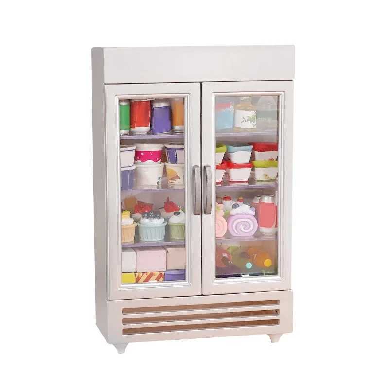 Supermarket Freezer Model Dollhouse Miniature Double Door Refrigerator Kids Pretend Play Toys Doll House Accessories C250922