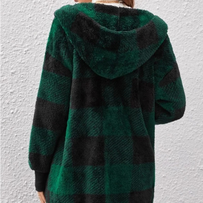 Women Autumn Winter Double Fleece Plaid Cardigan Soft Loose Long Sleeve Plush Warm Hooded Jacket Female Patchwork Outerwear Coat 250923
