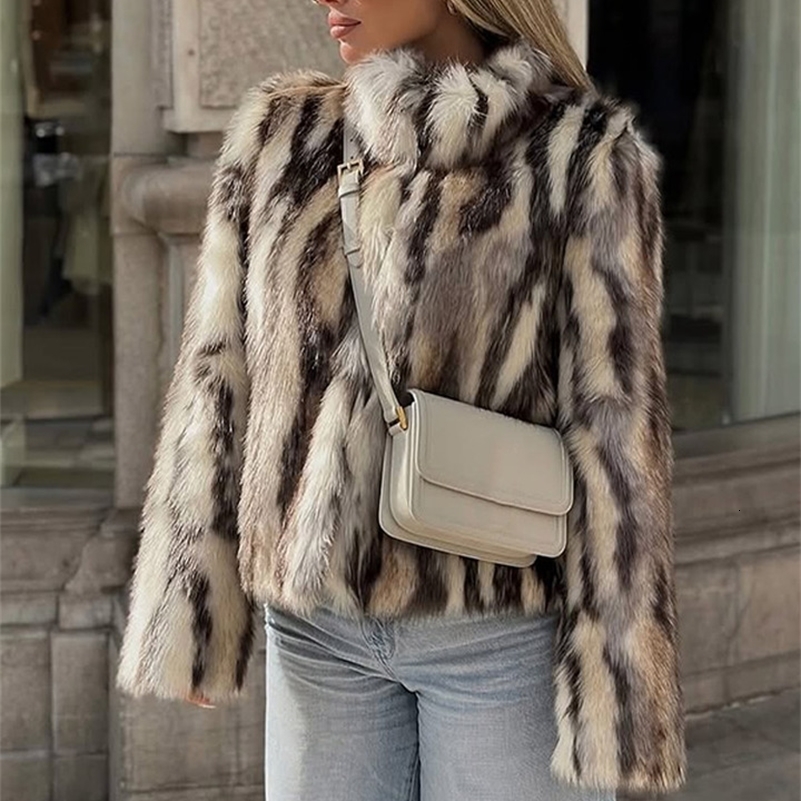 Autumn Stand Collar Faux Fur Coat Women Loose Long Sleeve Button Warm Thicken Coats 2025 Chic Winter Lady Contrast Outwear 250920