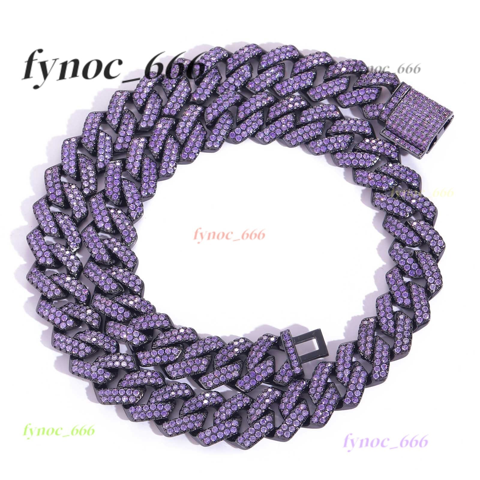Black 15mm Full Purple Lab Diamond Bling Prong Moissanite Cuban Link Hip Hop Chain Geometric Trendy Gift Chain