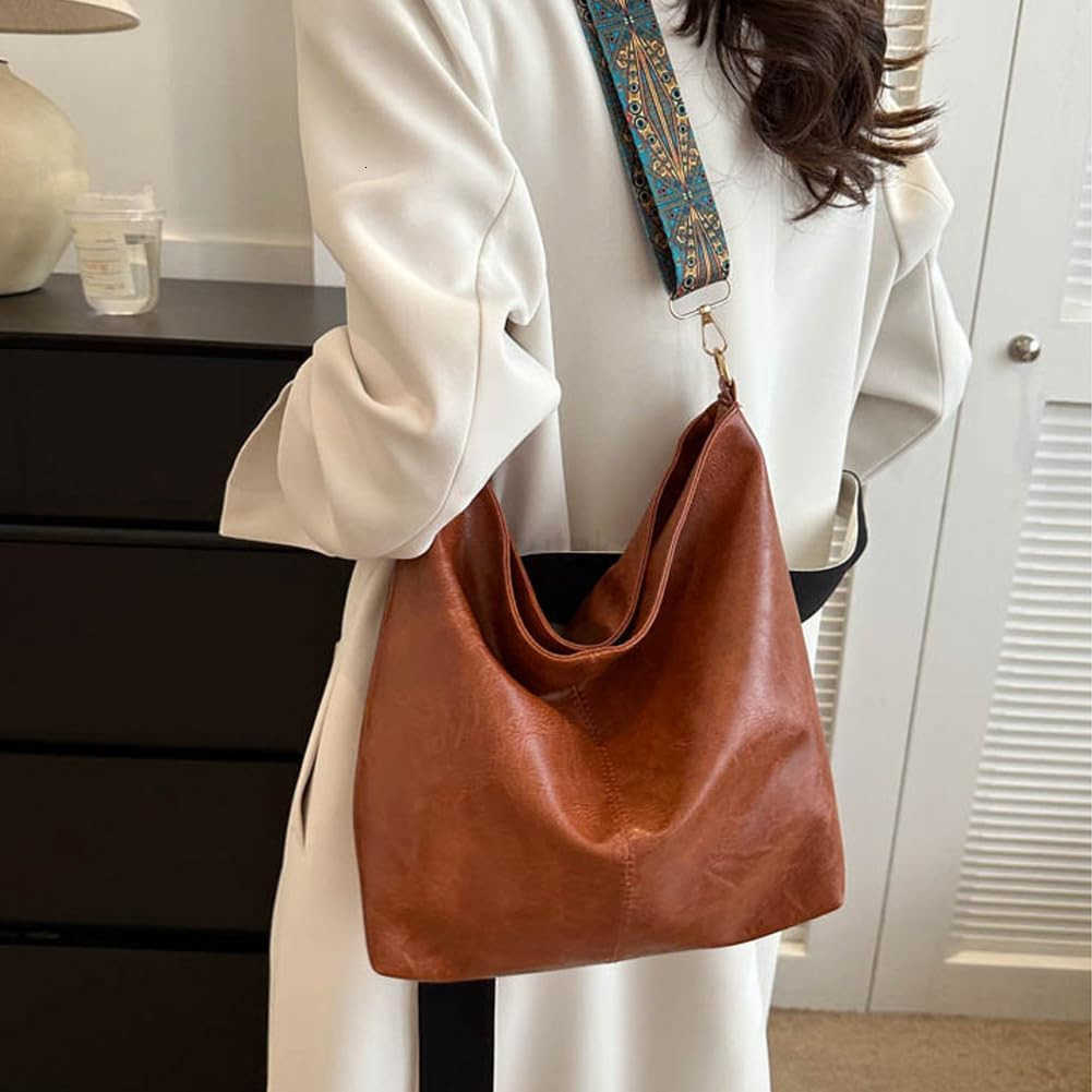 Hobo Crossbody Bag for Women Vegan PU Leather Shoulder Purses Brown Stylish Wide Guitar Strap Tote Bucket Bag with Zipper for Working Shopping Traveli